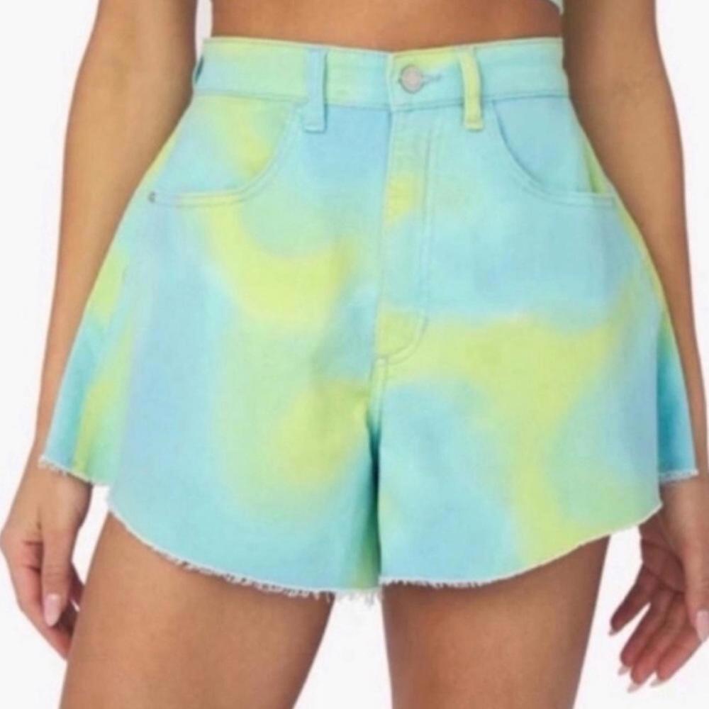 WeWoreWhat High Waist Tie-Dye Shorts - Blue and Yellow